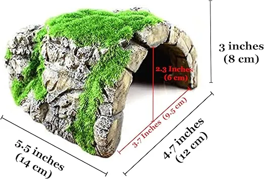 SunGrow Betta & Cichlid Fish Tank Aquarium Decoration Rocks Hideout Cave, 5.7" x 4.3", Axolotl & Frog Resin Hideaway Tank Decor Ornament with Moss, for Crab, Gecko, Snake, Ball Python to Breed & Rest
