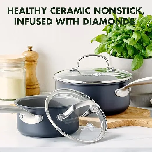 GreenPan Chatham Hard Anodized Healthy Ceramic Nonstick, 1.1QT and 2.1 QT Saucepan Set with Lids, PFAS-Free, Dishwasher Safe, Oven Safe, Gray