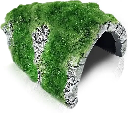 SunGrow Betta & Cichlid Fish Tank Aquarium Decoration Rocks Hideout Cave, 5.7" x 4.3", Axolotl & Frog Resin Hideaway Tank Decor Ornament with Moss, for Crab, Gecko, Snake, Ball Python to Breed & Rest
