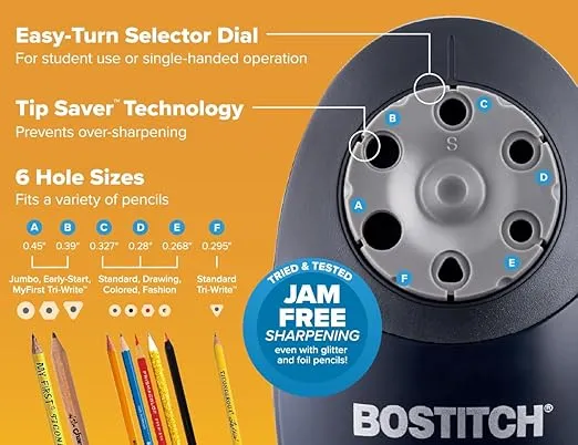 Bostitch Office QuietSharp 6 Electric Pencil Sharpener, Heavy Duty Classroom Sharpener, Size Selector with 6 Different Sizes, Perfect for Classroom and Homeschool Use, Black