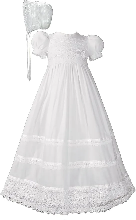 Girls Cotton Short Sleeve Dress Christening Gown Baptism Gown with Laces and Ribbon