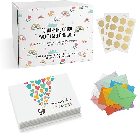 Dessie 30 Unique Thinking Of You Cards With Greetings Inside. Large Greeting Cards Boxed Set. 30 Different Designs - No Repetition. Assorted Color Envelopes, Gold Seals, Storage Box.