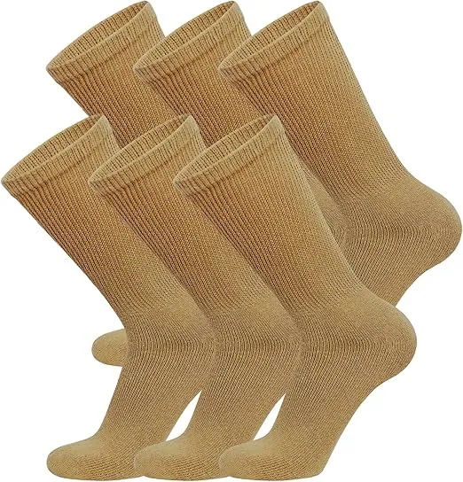 6 Pairs of Cotton Diabetic Non-Binding Neuropathy Crew Socks (Khaki, Fits Mens Shoe Size 8-10/Womens shoe size 9-11)