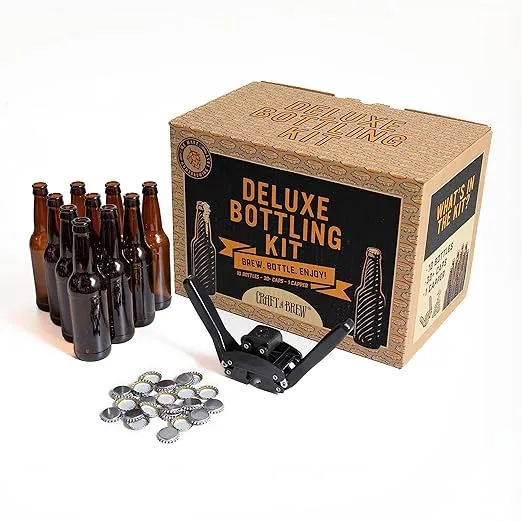 Deluxe Bottling Kit – Craft a Brew Homebrew Bottler Equipment – Home Brewing Easy Bottling Set – 10 Empty 12oz. Amber Glass Bottles – 30+ Caps – 1 Capper…