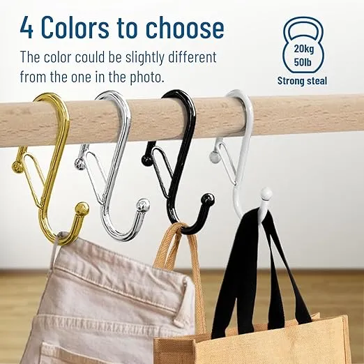10 Metalic S-Hooks with Anti-Fall System. Anti Drop S-Shaped Hook with Safety Buckle to Prevent Falls. Heavy Duty. (Silver, 2.5in Long (Diameter Rod<0.6in))