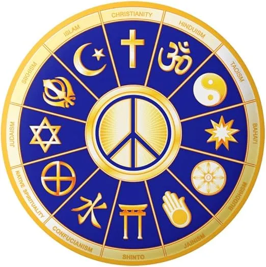 Interfaith Peace with Symbols from Many Religions Button Pinback for Backpacks, Jackets, Hats 2.25 Inches