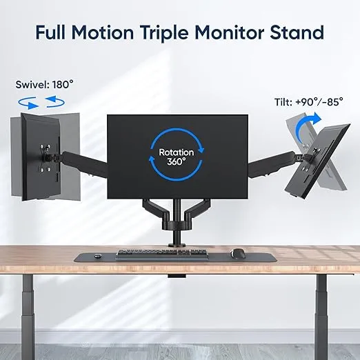 Triple Monitor Desk Mount - FORGING MOUNT 3 Monitor Gas Spring Arms Desk Stand for 13-27'' Computer Triple Monitor Stand with Swivel, Tilt, Rotation, Each Arm Holds Up to 17.6 lbs