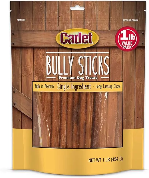 Cadet Bully Sticks for Small Dogs – All-Natural Beef Pizzle, High Protein, Low Fat, Long-Lasting, Grain & Rawhide-Free Dog Chews for Aggressive Chewers, Small (1 Pound)