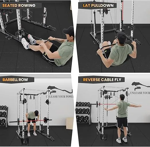 Power Cage, 2000 Lbs Power Rack with Cable Cross-Over System, Multi-Functional Strength Training Squat Rack with LAT Pull Down System, Home Gym Equipment with Training Attachment
