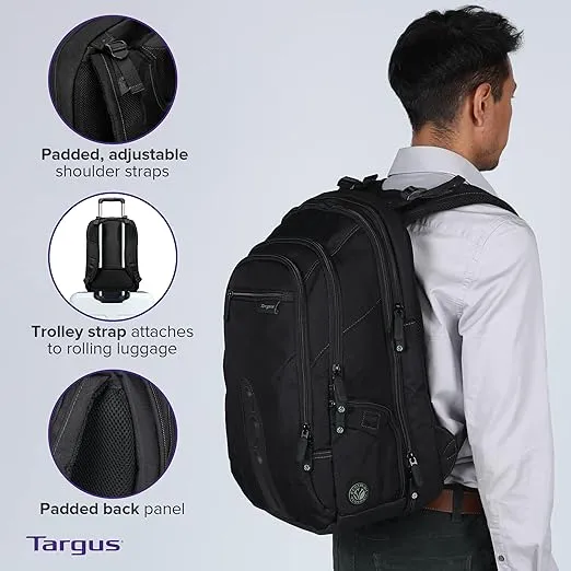 Targus Spruce EcoSmart Travel Laptop Backpack for 17 inch Laptops, TSA-Friendly Carry On Backpack Laptop Bag for Work and Travel, Black (TBB019US)