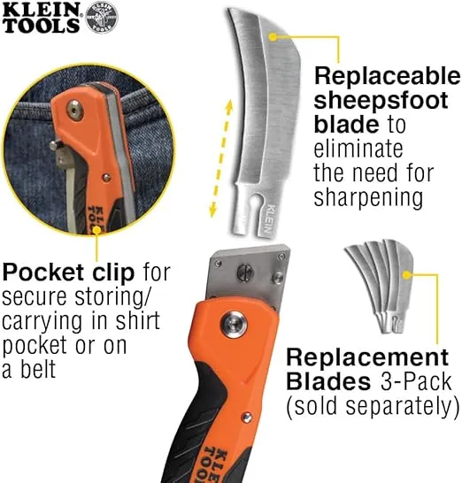 Klein Tools 44218 Utility Knife, Lockback Electricians Knife and Folding Knife with Hawkbill Blade for Cable Skinning, Replaceable Blade