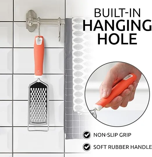 Zulay Kitchen Professional Cheese Grater Stainless Steel - Durable Rust-Proof Metal Lemon Zester Grater With Handle - Flat Handheld Grater For Cheese, Chocolate, Spices, And More - Orange