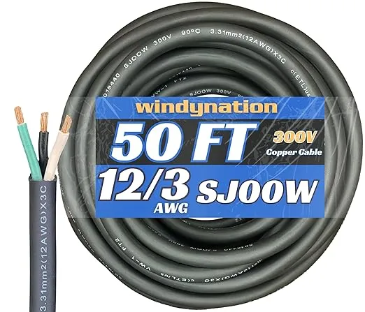 50 Feet 12/3 SJOOW Cable Cord 12 AWG 3 Conductor SO Wire - 12 Gauge 3 Conductor (12/3 Wire) 300V Portable Power Extension Cable for Motor Leads, Portable Lights, Battery Chargers