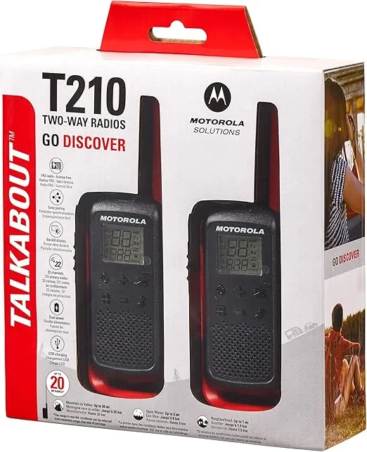 Motorola Solutions, Portable FRS, T210, Talkabout, Two-Way Radios, Rechargeable, 22 Channel, 20 Mile, Black W/Red, 2 Pack