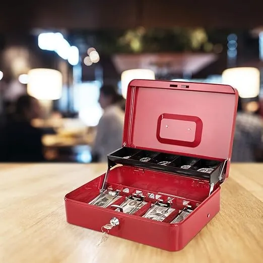 Cash Box with Money Tray and Key Lock Large Metal Money Safe Box with Cantilever Coin Tray, Lock Box for Money 11.8" x 9.4" x 3.54" Red
