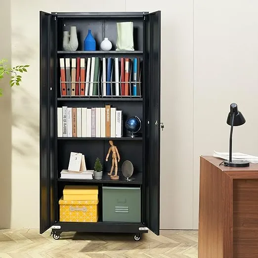 VEVOR Metal Storage Cabinet with Wheels, 75'' Locking Steel Storage Cabinet with 2 Magnetic Doors and 4 Adjustable Shelves for Office, Garage, Home