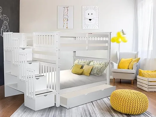 Bedz King Stairway Bunk Beds Full over Full with 4 Drawers in the Steps and a Full Trundle, White