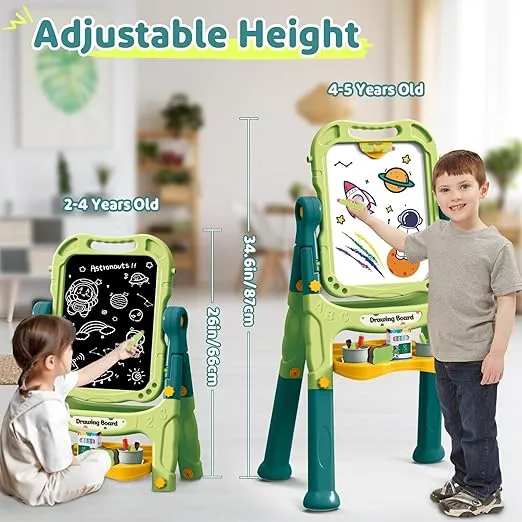deAO Art Easel Toys for Kids, 4-in-1 Double Magnetic Drawing Board Adjustable Standing Rotatable Sidewalk Chalk with Painting Writing Accessories, Easel Toys Birthday Gifts for Girls Boy (Green)