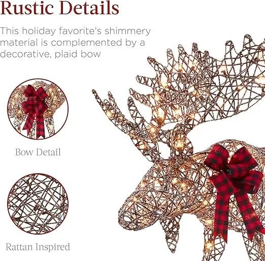 Best Choice Products 2-Piece Moose Family Lighted Rattan Outdoor All-Weather Christmas Yard Decoration Rattan-Inspired Light-Up Décor Set w/ 170 Incandescent Lights, Plaid Bow, Ground Stakes, Zip Ties