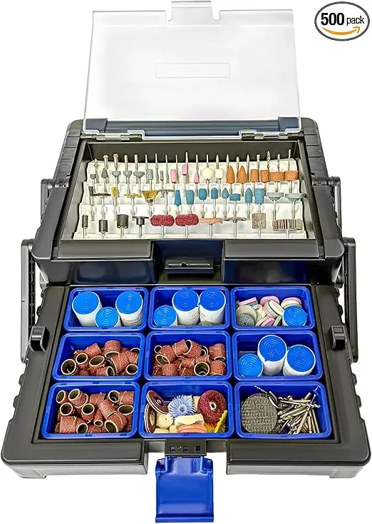 LINE10 Tools 500pc Rotary Tool Accessories Kit with Cantilever Storage Organizer Case Box Set, Compatible with Dremel, Versatile Rotary Tool Attachments and Bits for DIY Projects
