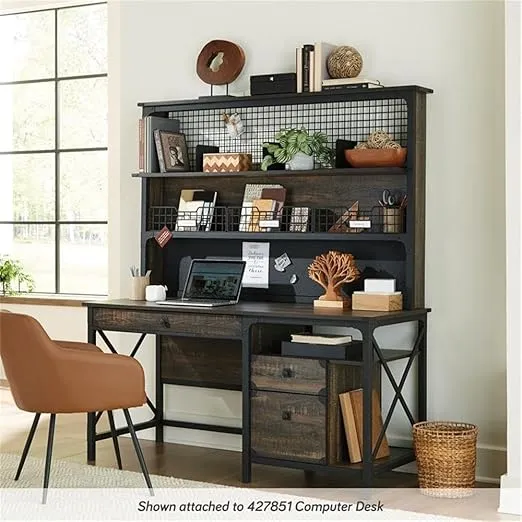Sauder Steel River Industrial Desktop Hutch in Carbon Oak, Carbon Oak Finish