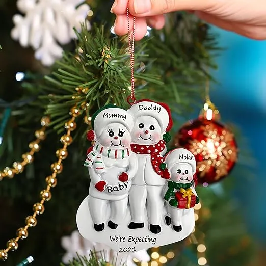 Personalized Pregnant Snowman Family Three Christmas Ornament - We're Expecting Family of 3 Ornament