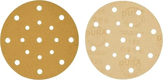 Dura-Gold Premium 6" Gold Sanding Discs - 120 Grit (Box of 50) - 17 Hole Pattern Dustless Hook & Loop Backing Sandpaper for DA Sanders, Aluminum Oxide Abrasive - Sand Automotive Paint Woodworking Wood