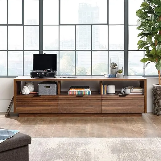 Sauder Harvey Park Modern Stand Media Console Credenza with Drawers and Storage Shelves, for TVs up to 70", Grand Walnut