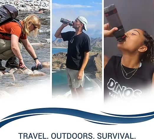Water Bottle with Filter (25oz/75cl) - Perfect for International Travel Hiking Camping and Backpacking - Incl. 3-in-1 Purifier Filter. BPA-free plastic