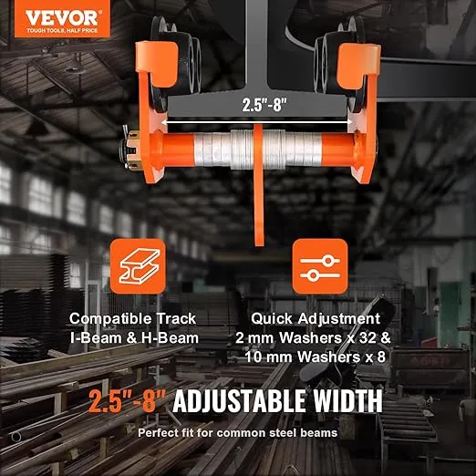 VEVOR Manual Trolley, 2200 lbs/1 Ton Load Capacity, Push Beam Trolley with Dual Wheels, Adjustable for I-Beam Flange Width 2.5" to 8", Heavy Duty Alloy Steel Garage Hoist for Straight Curved I Beam