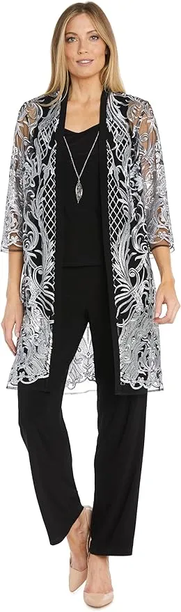 R&M Richards Women's Glitter Embroidered Pant Set W/Duster Jacket & Tank Top