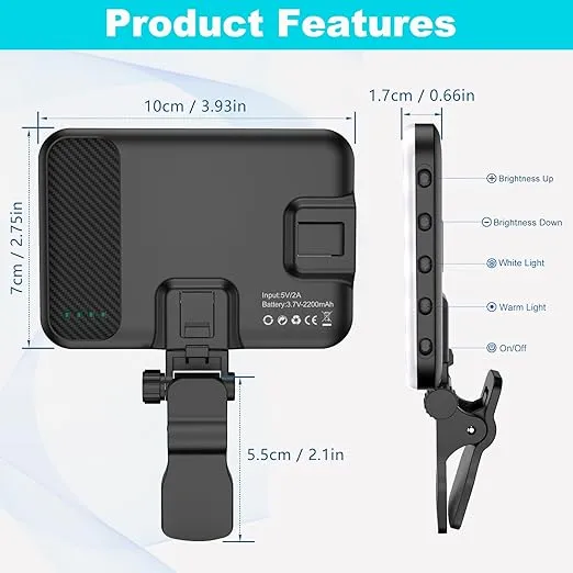 Selfie Light, 60 LED 2200mAh Rechargeable Cell Phone Fill Light 7 Modes, 10-Level Brightness, Portable Clip on Light for Phone/Tablet/Laptop, Zoom Call Vlog Makeup TikTok Video Fill Light
