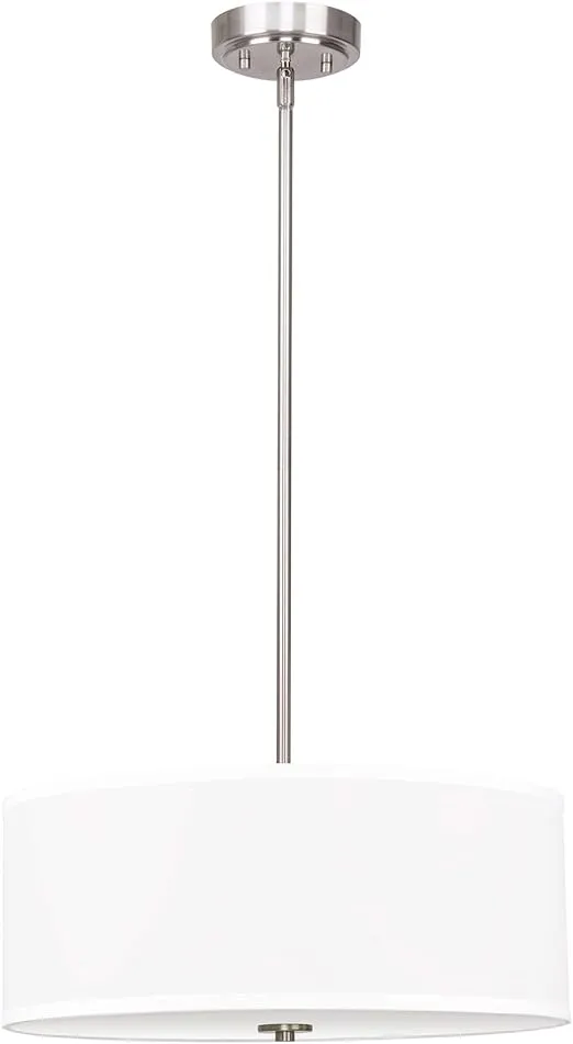 Kira Home Nolan 18" Classic 3-Light Drum Pendant Chandelier, White Fabric Shade + Round Glass Diffuser, Adjustable Height, Brushed Nickel Finish