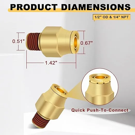 Siptenk 1/2" DOT Brass Push to Connect Air Line Fittings 5 PCS, 1/2" OD Tube x 1/4" NPT Thread Air Brake Line Quick Connect Fittings for Truck Trailers Industry Air System