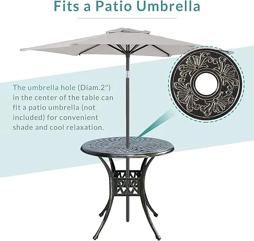 MEETWARM 3 Piece Patio Bistro Set, Outdoor All-Weather Cast Aluminum Dining Furniture Set Includes 2 Chairs and a 31” Round Table with Umbrella Hole for Garden Deck