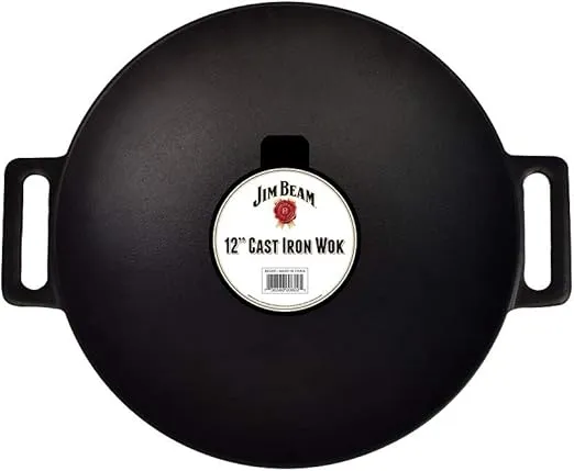 Jim Beam 12'' Pre Seasoned Heavy Duty Construction Cast Iron Grilling Wok, Griddle and Stir Fry Pan