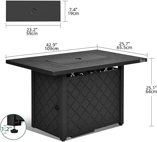 YITAHOME 43 Inch Propane Fire Pit Table, 50,000 BTU Gas Fire Pit with Ignition Systems, Iron Tabletop, Lava Rock, Lid, Rectangular Outdoor Firetable for Patio Deck Garden Backyard,Black