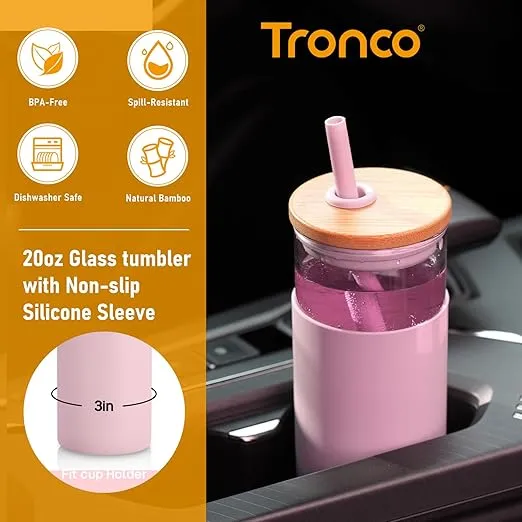 Tronco 20oz Glass Tumbler Glass Water Bottle Straw Silicone Protective Sleeve Bamboo Lid - BPA Free (Light Purple/1 Pack)