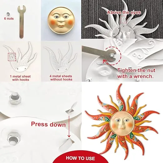 Metal Sun Wall Art Decor,17.3Inches Sun Face Garden Sculptures Statues Wall Art Decorations for Indoor and Outdoor, Room Garden Porch Fence Balcony Patio Decor