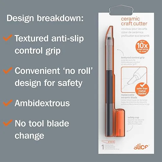 Slice 10518 Craft Knife, Finger-Friendly Edge, Safer Choice, Never Rusts, Lasts 11x Longer Than Steel, Precision Cutting (1 Pack)