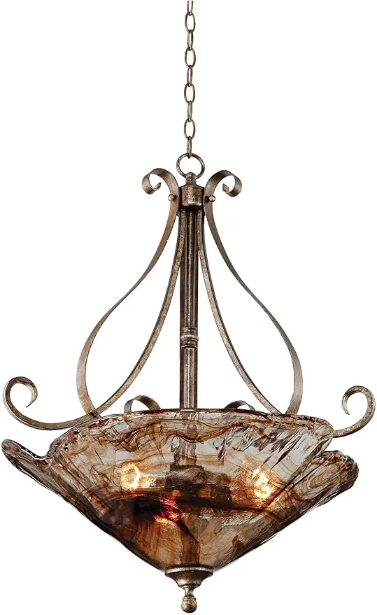 Franklin Iron Works Amber Scroll Golden Bronze Silver Pendant Chandelier 24 3/4" Wide Rustic Art Glass Bowl Fixture for Dining Room House Foyer Kitchen Island Entryway Bedroom Living Room