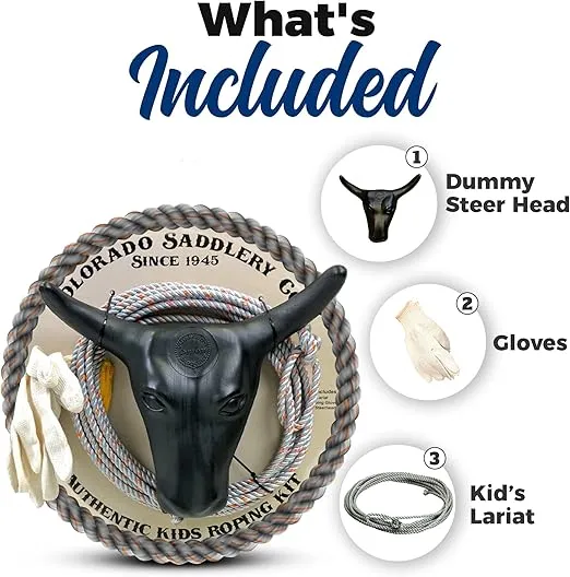 Colorado Saddlery Junior Roping Kit - Includes Lasso Rope, Roping Dummy Steer Head with Stakes, Kid's Lariat & Small Glove - Rodeo Set for Kids
