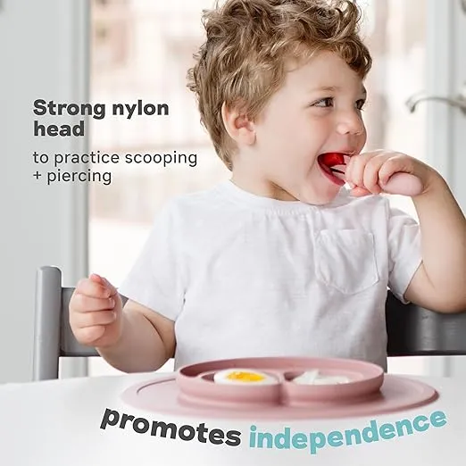 ezpz Mini Utensils - 12 Months+ (Fork & Spoon in Gray) - 100% BPA Free Fork and Spoon - Toddler Utensils - Designed by a Pediatric Feeding Specialist