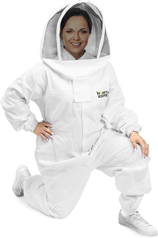 Honey Keeper Professional Cotton Full Body Beekeeping Suit with Self Supporting Veil Hood - Large