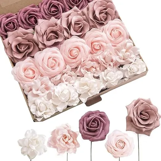 Ling's Moment Artificial Flowers Fake Roses Faux Foam Gardenia Combo for DIY Wedding Bouquets Centerpieces Arrangements Bridal Shower Party Home Decorations, Mauve & Blush, 24pcs