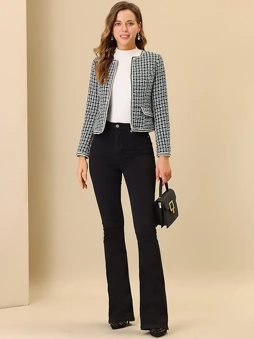 Allegra K Women's Christmas Plaid Tweed Blazer Long Sleeve Open Front Work Office Short Jacket