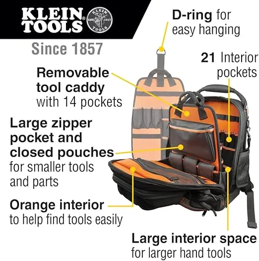 Klein Tools 55485 Tool Bag Backpack, Durable Electrician Backpack with 48 Pockets for Hand Tools, Waterproof Bottom, Removable Tool Carrier
