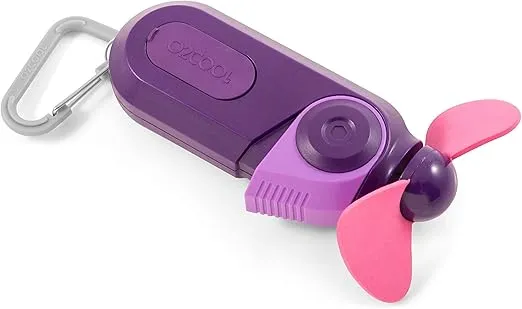 O2COOL Keychain Sport Misting Fan - Pocket Size Battery Powered Portable Fan With Carabiner Clip Small Fan with Mister Handheld Fan Vacation Essentials Hand Fan (Purple)