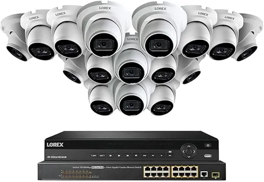 Lorex 4K 8MP (32 Camera Capable) 8TB Wired PoE NVR System with 16 IP Indoor/Outdoor Metal Dome Cameras - Color Night Vision, Smart Motion Detection (Person/Vehicle), IP67, Listen-in Audio (White)