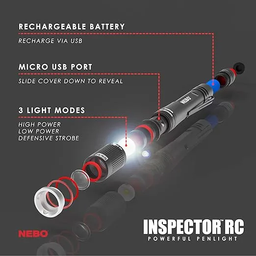 NEBO Rechargeable Pen Light Flashlight 360-Lumens Inspector Flashlights Features Flex Power, Meaning it can be Operated by The Included Rechargeable Battery or by 2X AAA Batteries